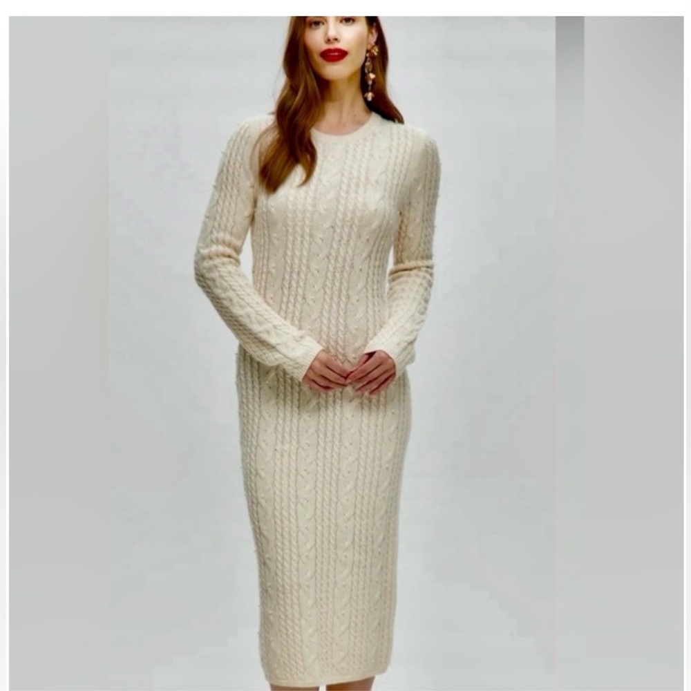 House of harlow cable knit long sleeve pearl accent stretchy midi dress new